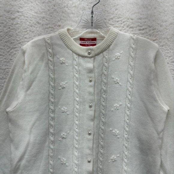 Vintage Coquette Grandma Cardigan Sweater White Pearl Cable Knit - Picture 3 of 6